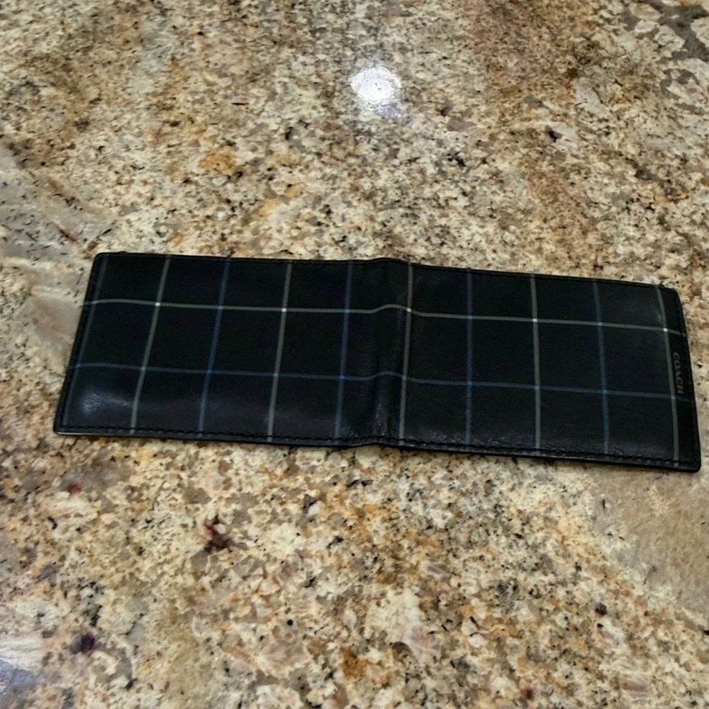 Coach Black and Gray Plaid Leather Card Holder